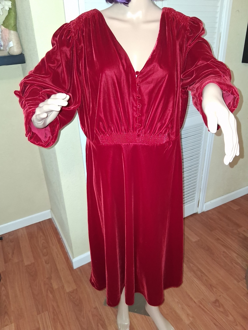 Ralph Lauren Red Velour Velvet Puff Sleeve Midi Dress 14W Plus Size Holid